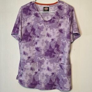 Dickies Women’s Floral Tie Dye Scrub Top Size M V Neck Medical Uniform Stretch